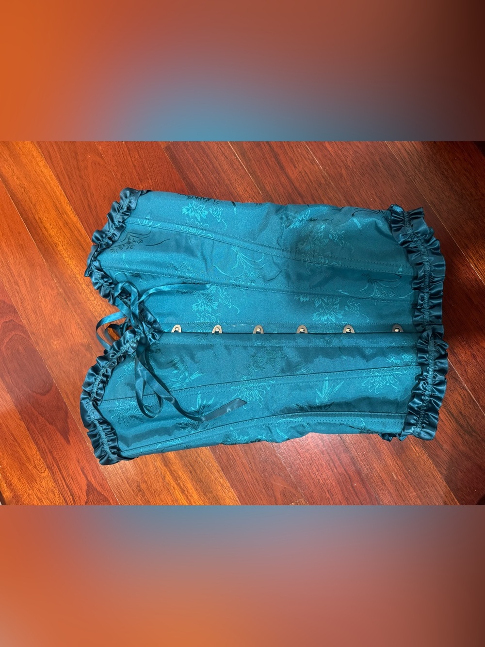 🎃Teal Floral Jacquard Lace up Corset Top with Ruffle Trim